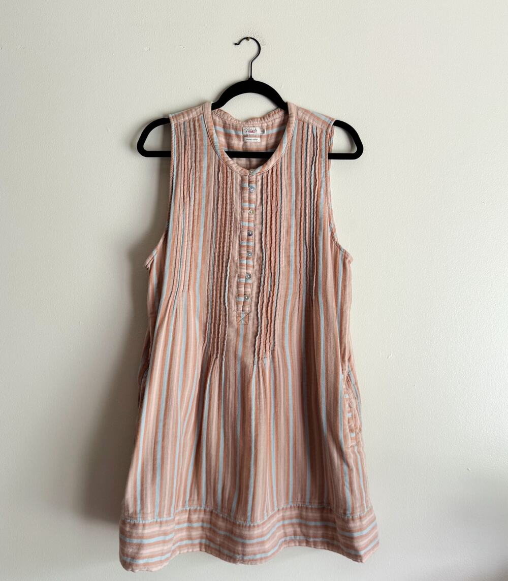 Faherty Tan Blue Isha Striped Organic Cotton Sleeveless Button Up Mini Dress XL